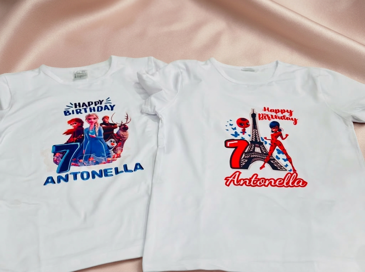 Personalized white birthday t-shirts printed with a name and age
