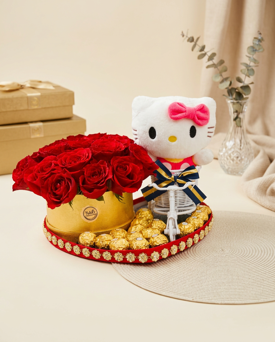 Gold hatbox of red roses with chocolates and a photo keepsake