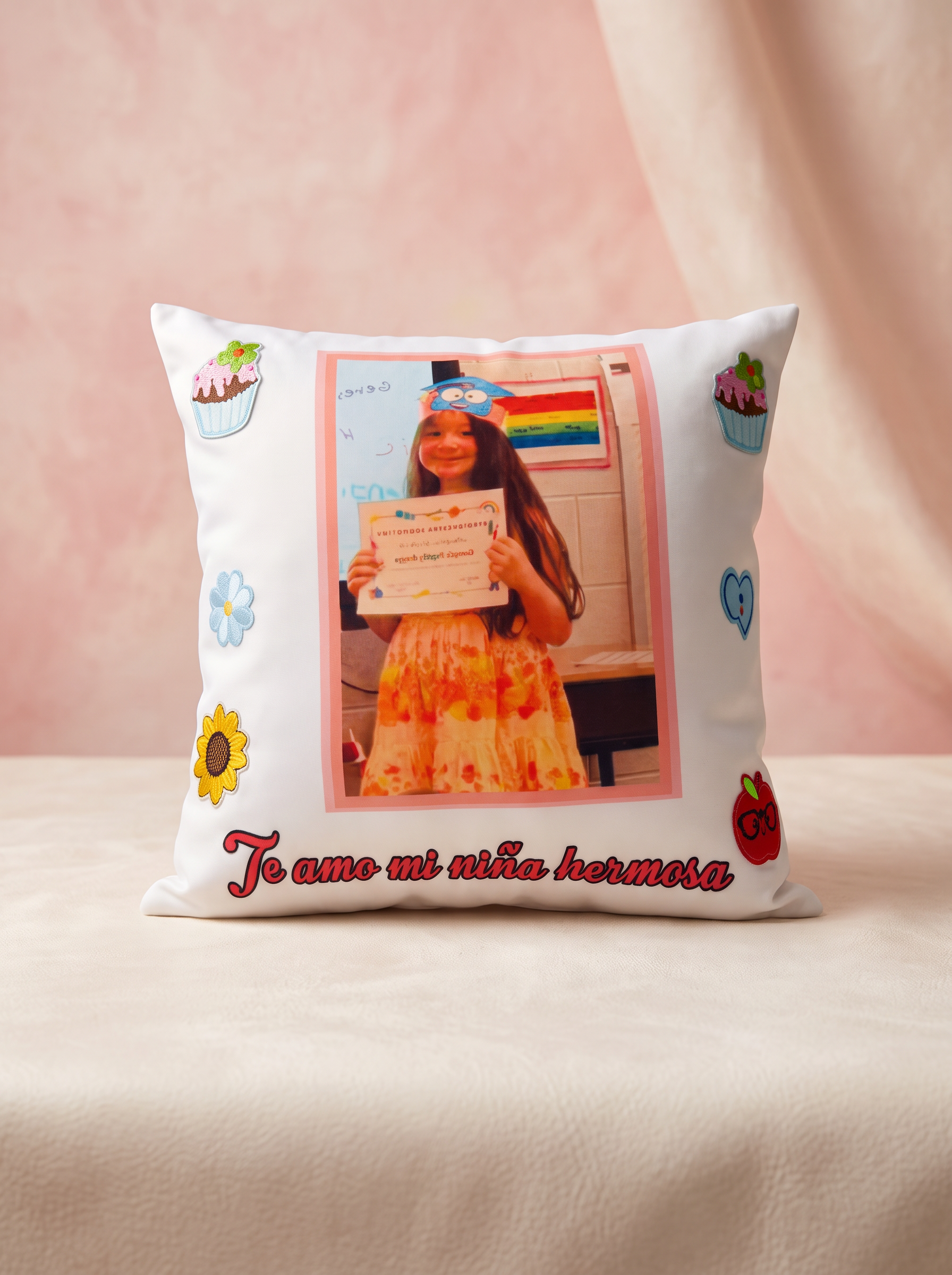 Personalized photo pillow with embroidered appliqués and a message