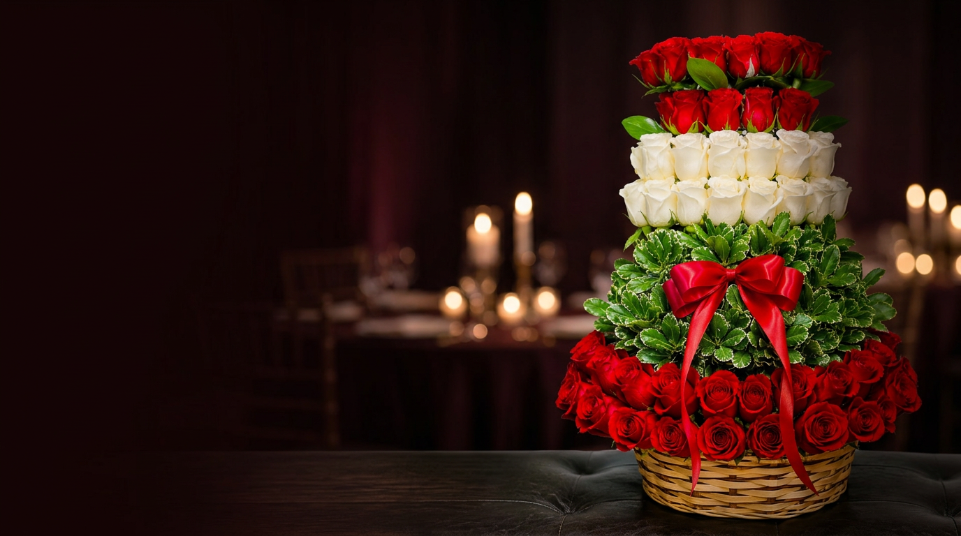 A tiered arrangement of red and white roses styled for an elegant candlelit celebration